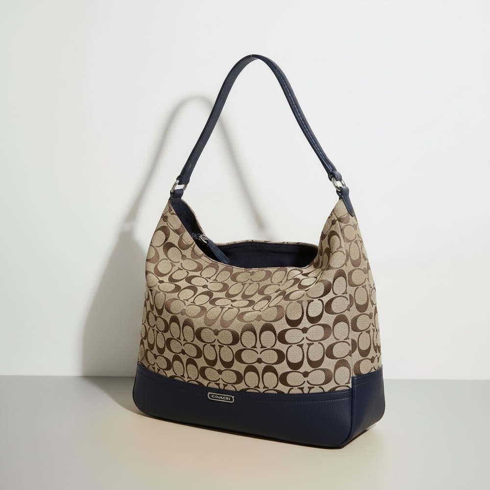 Coach Signature Hobo Bag Beige Canvas Blue Leather Shoulder Purse Dust Bag - Picture 13 of 13